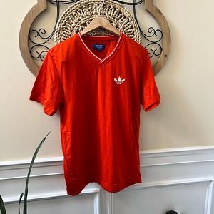 ADIDAS V-neck shirt in vibrant orange.  Size small